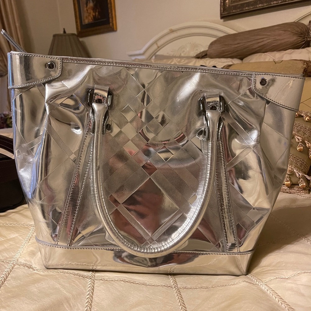 Burberry silver embossed check tote